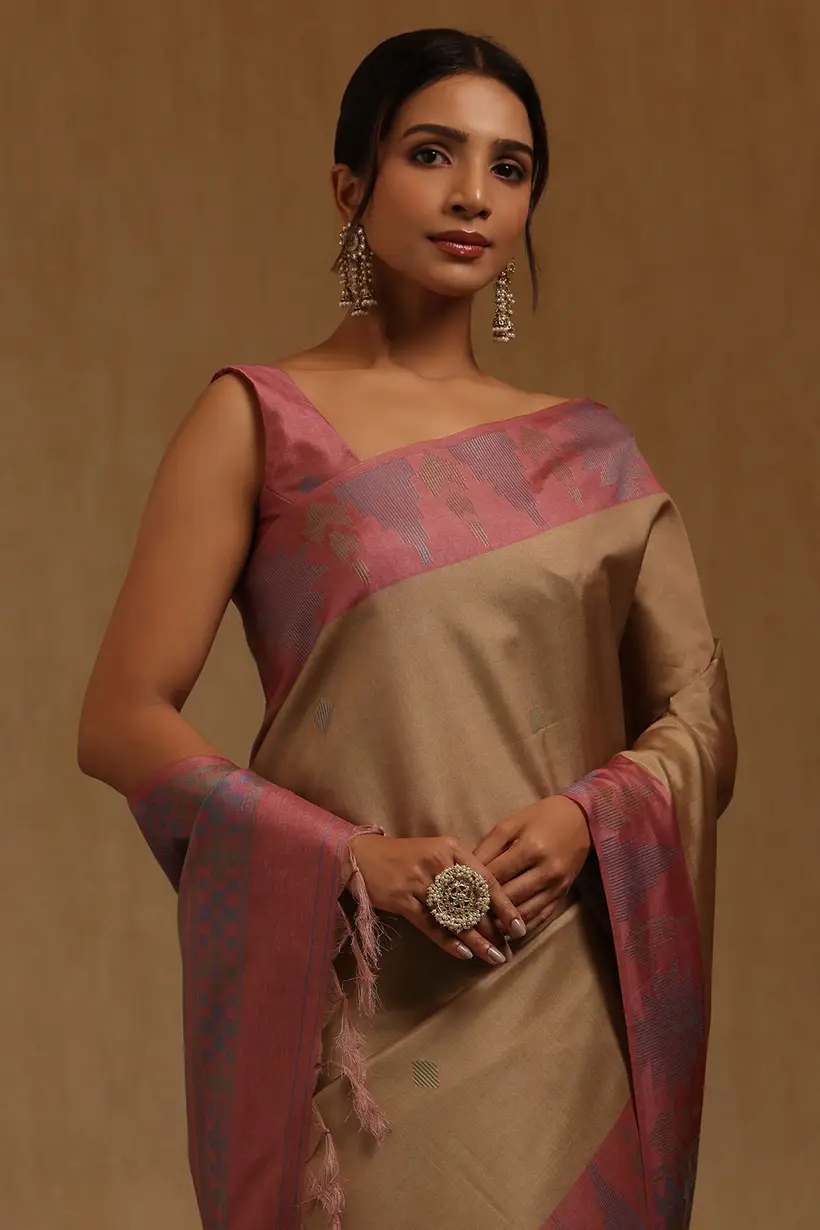 Beige Tussar Woven Design Saree